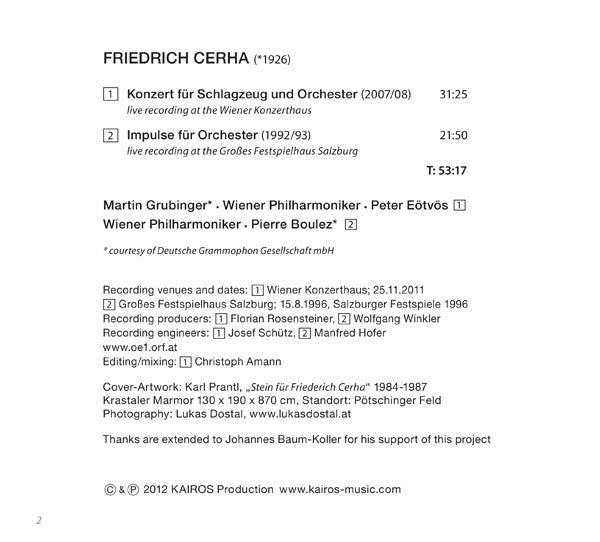 Friedrich Cerha - Martin Grubinger, Wiener Philharmoniker, Peter Eötvös, Pierre Boulez : Konzert Für Schlagzeug Und Orchester / Impulse Für Orchester (CD, Album)