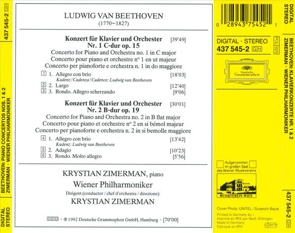 Ludwig van Beethoven, Krystian Zimerman, Wiener Philharmoniker : Klavierkonzerte = Piano Concertos Nos. 1 & 2 (CD, Album)