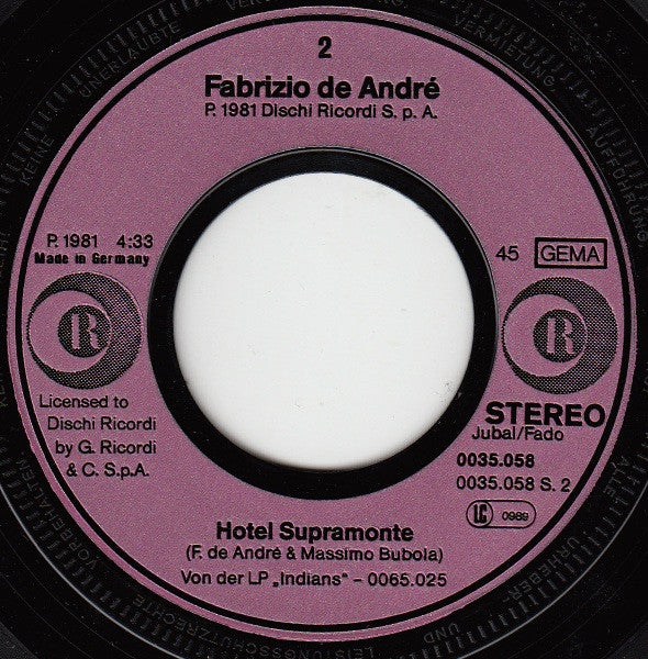 Fabrizio De André : Fiume Sand Creek (7", Single)