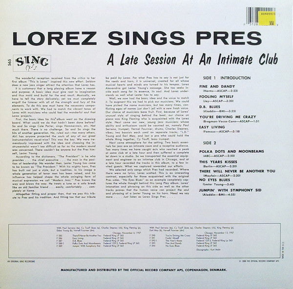 Lorez* : Lorez Sings Pres - A Late Session At An Intimate Club (A Tribute To Lester Young) (LP, Album, RE)