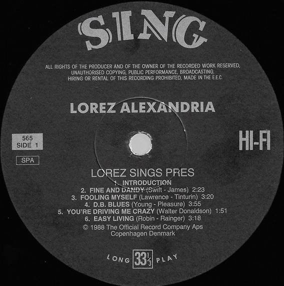 Lorez* : Lorez Sings Pres - A Late Session At An Intimate Club (A Tribute To Lester Young) (LP, Album, RE)