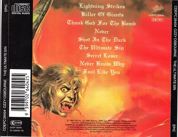 Ozzy Osbourne : The Ultimate Sin (CD, Album, RE)
