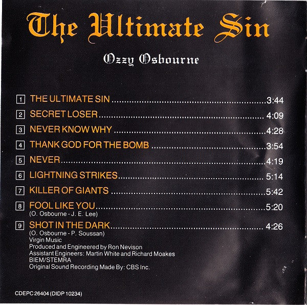 Ozzy Osbourne : The Ultimate Sin (CD, Album, RE)