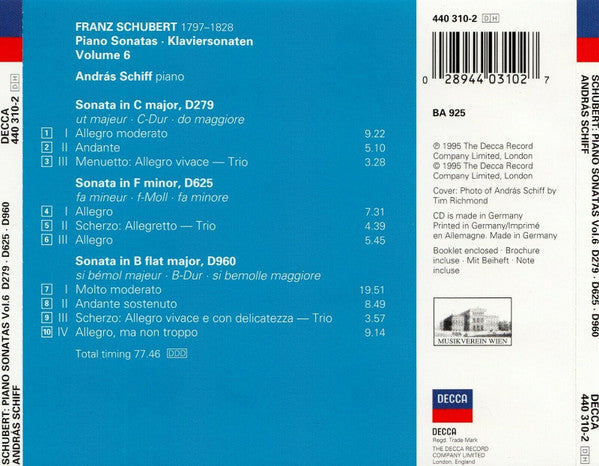 Franz Schubert, András Schiff : Piano Sonatas = Klaviersonaten: D279 C Major = C-dur • D625 F Minor = F-moll • D960 B Flat Major = B-dur (CD, Album)