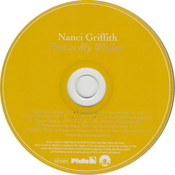 Nanci Griffith : Poet In My Window (CD, Album, RE)