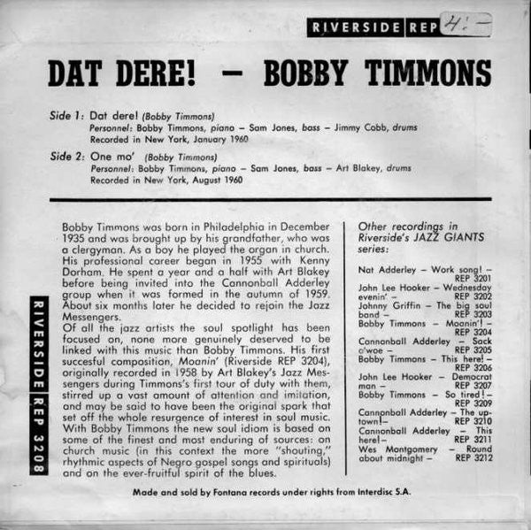 Bobby Timmons : Dat Dere (7", EP, Mono)