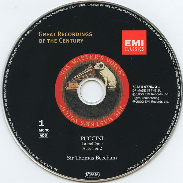 Puccini* - Victoria De Los Angeles • Jussi Björling • Amara* • Merrill* • Reardon* • Tozzi* • RCA Victor Chorus & Orchestra* • Sir Thomas Beecham : La Bohème (2xCD, Album, Mono, RE, RM + Box, Sli)