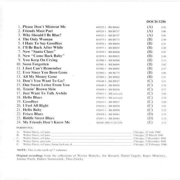 Walter Davis : Complete Recorded Works 1933-1952 In Chronological Order Volume 6 (12 July 1940 To 12 February 1946) (CD, Comp, RM)