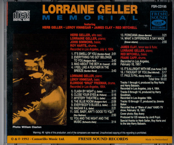 Lorraine Geller Featuring Herb Geller · Leroy Vinnegar · James Clay · Red Mitchell : Lorraine Geller Memorial (CD, Comp, RE)