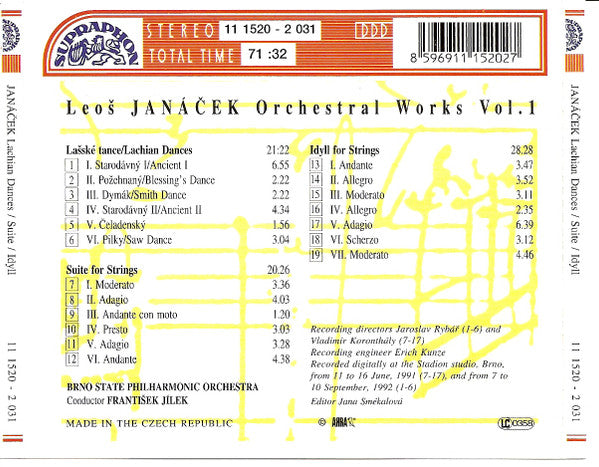 Janáček*, Brno State Philharmonic Orchestra, František Jílek : Lachian Dances / Suite For Strings / Idyll For Strings (CD, Album, RP)