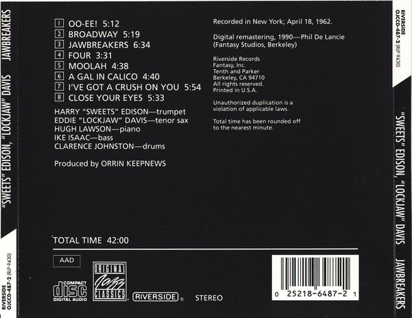 Harry Edison And Eddie "Lockjaw" Davis : Jawbreakers (CD, Album, RE, RM)