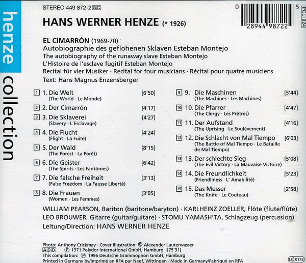 Hans Werner Henze - William Pearson • Karlheinz Zöller • Leo Brouwer • Stomu Yamash'ta : El Cimarrón-(The Autobiography Of The Slave Esteban Montejo) (CD, Album, RE)