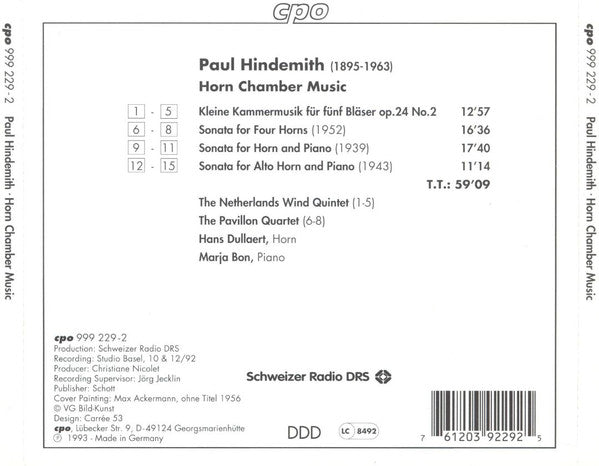 Paul Hindemith, Hans Dullaert, Marja Bon, The Netherlands Woodwind Quintet, The Pavillon Quartet : Horn Chamber Music (CD)