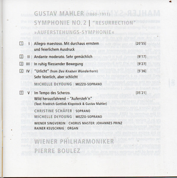 Mahler* - Schäfer*, DeYoung*, Wiener Singverein, Wiener Philharmoniker, Pierre Boulez : Symphonie No. 2 (CD, Album)