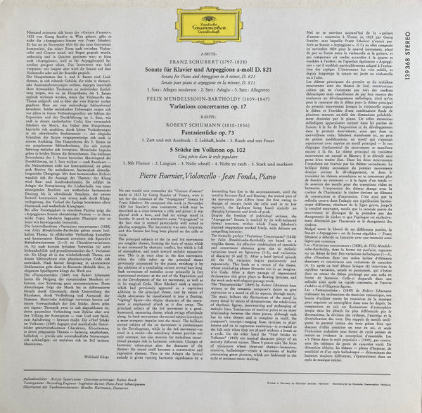 Schubert* / Mendelssohn* / Schumann* - Pierre Fournier, Jean Fonda : Arpeggione-Sonate A-Moll / Variations Concertantes Op.17 / 3 Fantasiestücke Op.73 - 5 Stücke Im Volkston Op.102 (LP, Album)
