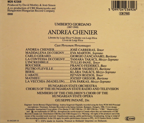Umberto Giordano, José Carreras, Eva Marton*, Hungarian State Orchestra, Hungarian State Radio And Television Chorus*, Giuseppe Patanè : Andrea Chénier (2xCD, Album, Box)