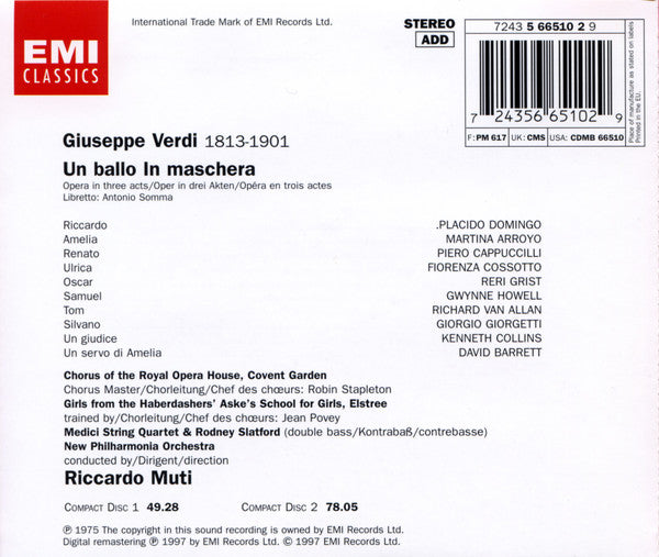 Giuseppe Verdi - Arroyo* · Domingo* · Cappuccilli* · Cossotto* · Grist* · Chorus Of The Royal Opera House, Covent Garden · New Philharmonia Orchestra · Riccardo Muti : Un Ballo In Maschera (2xCD, Album, RE, RM)