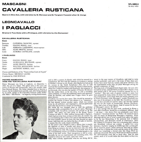 Ruggiero Leoncavallo / Pietro Mascagni, Caterina Mancini, Adriana Lazzarini, Aureliana Beltrami, Aurora Cattelani, Gianni Poggi, Alfredo Nobile, Aldo Protti, Walter Monachesi, Coro Del Teatro Di San Carlo And Orchestra Del Teatro Di San Carlo, Ugo Ràpalo : I Pagliacci / Cavalleria Rusticana (3xLP, RE + Box)