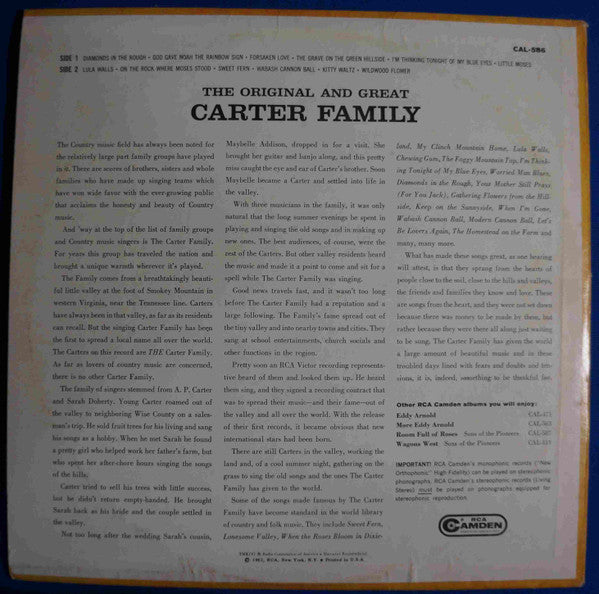 The Carter Family : The Original And Great Carter Family (LP, Album, Comp, Mono, RE)