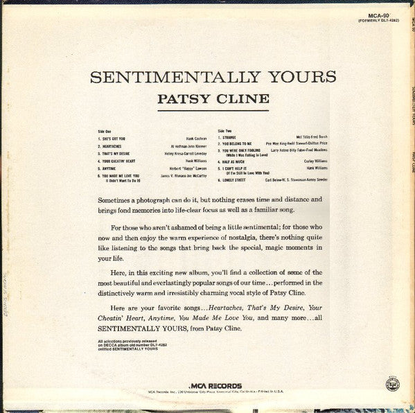 Patsy Cline : Sentimentally Yours (LP, Album, RE, RP)