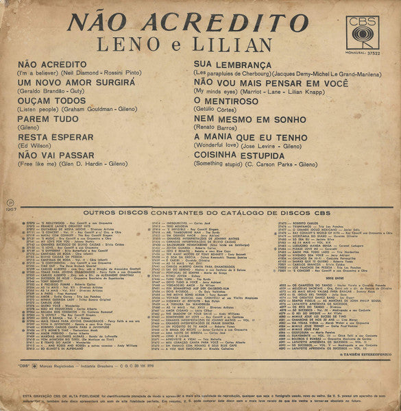 Leno E Lilian* : Nāo Acredito (LP, Album, Mono)