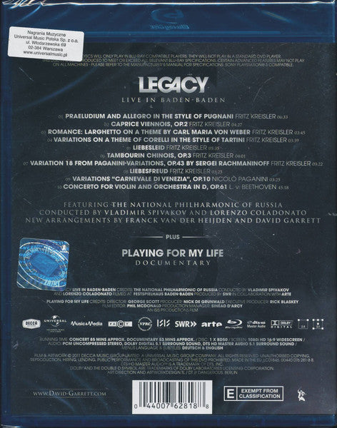 David Garrett (4) : Legacy. Live In Baden Baden (Blu-ray, Album)