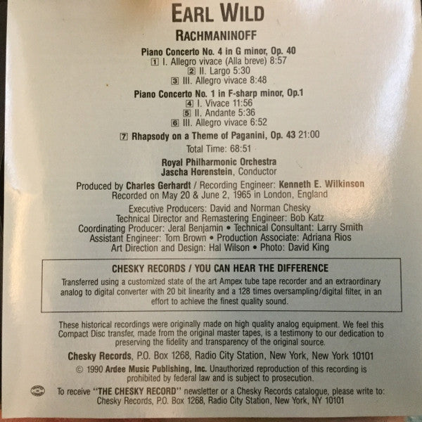 Rachmaninoff*, Earl Wild, Royal Philharmonic Orchestra, Jascha Horenstein : Piano Concerto No. 4 In G Minor, Op. 40 / Piano Concerto No. 1 In F-Sharp Minor, Op. 1 / Rhapsody On A Theme Of Paganini, Op. 43 (CD, Comp)