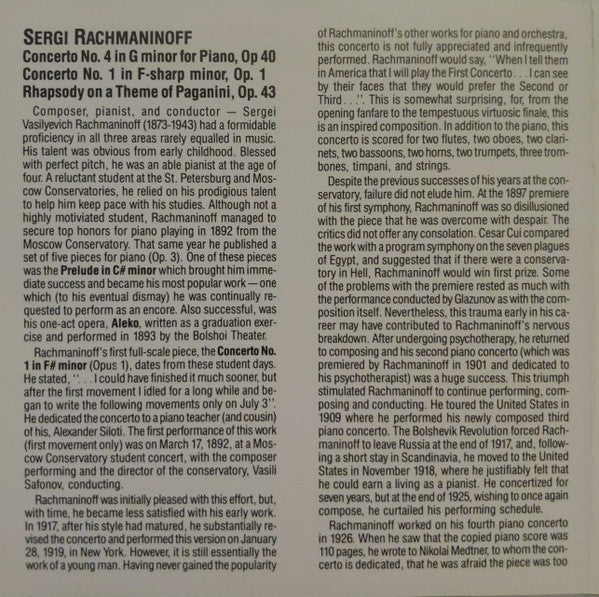 Rachmaninoff*, Earl Wild, Royal Philharmonic Orchestra, Jascha Horenstein : Piano Concerto No. 4 In G Minor, Op. 40 / Piano Concerto No. 1 In F-Sharp Minor, Op. 1 / Rhapsody On A Theme Of Paganini, Op. 43 (CD, Comp)