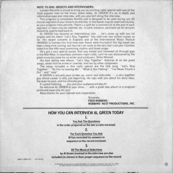 Al Green : Now You Can Interview Al Green (LP, Promo, She)