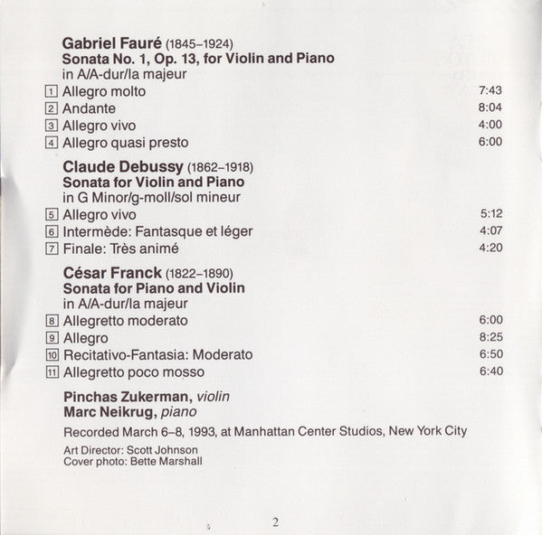 César Franck ▪ Claude Debussy ▪ Gabriel Fauré – Pinchas Zukerman ▪ Marc Neikrug : Violin Sonatas (CD)