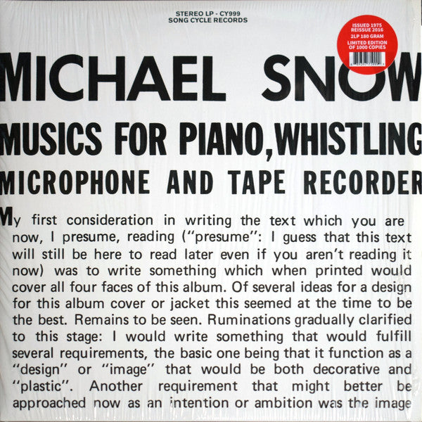 Michael Snow : Musics For Piano, Whistling, Microphone And Tape Recorder (2xLP, Album, Ltd, RE)