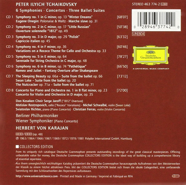 Tchaikovsky* - Christian Ferras • Sviatoslav Richter • Mstislav Rostropovich • Berliner Philharmoniker • Karajan* : Karajan Conducts Tchaikovsky: 6 Symphonies - Concertos - 3 Ballet Suites (8xCD, Comp, RM + Box)