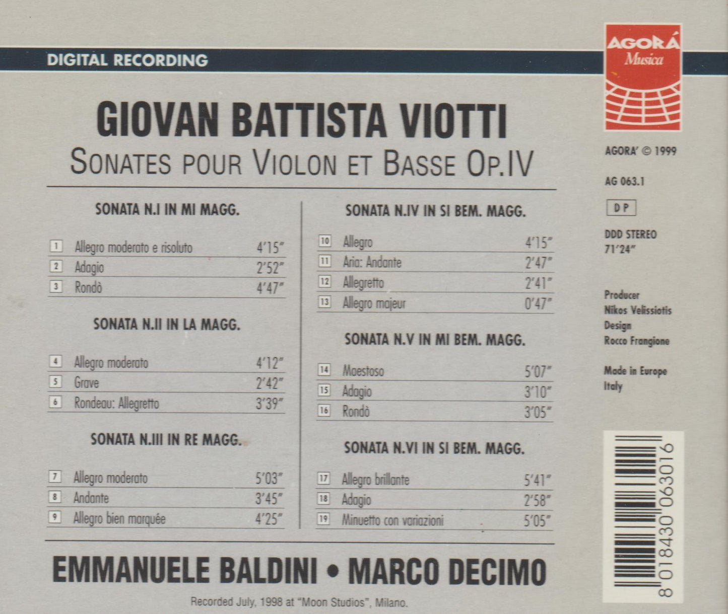 Sonates pour Violon et Basse Op. IV