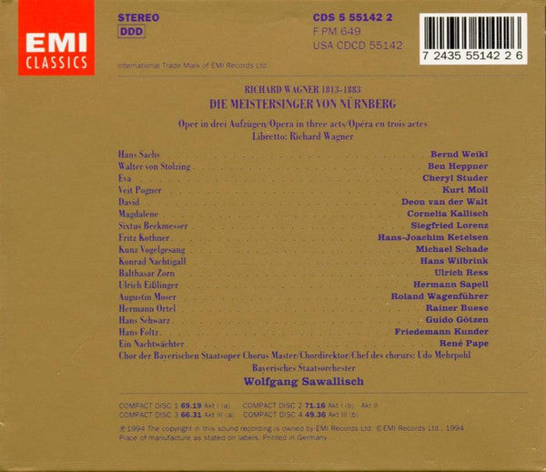 Richard Wagner, Bernd Weikl, Cheryl Studer, Ben Heppner, Kurt Moll, Siegfried Lorenz, Deon van der Walt, Cornelia Kallisch, Chor der Bayerischen Staatsoper, Bayerisches Staatsorchester, Wolfgang Sawallisch – Die Meistersinger Von Nürnberg
