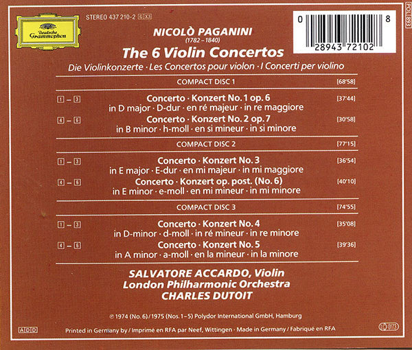 Niccolò Paganini - Salvatore Accardo, London Philharmonic Orchestra, Charles Dutoit : The 6 Violin Concertos = -Die Violinkonzerte (3xCD, Album)