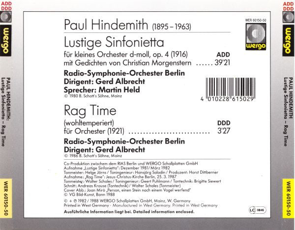 Paul Hindemith : Lustige Sinfonietta (Gedichte Von Christian Morgenstern), Rag Time (CD, Comp)