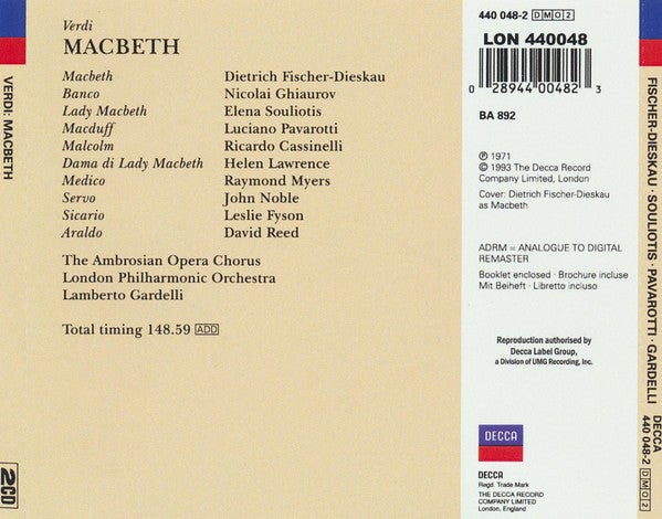 Giuseppe Verdi - Dietrich Fischer-Dieskau, Elena Souliotis, Luciano Pavarotti, London Philharmonic Orchestra, Lamberto Gardelli : Macbeth (2xCD, Album, RE, RM)