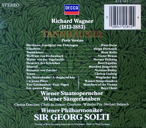 Wagner* - René Kollo · Christa Ludwig · Hans Sotin · Helga Dernesch · Wiener Staatsopernchor · Wiener Philharmoniker · Sir Georg Solti* : Tannhäuser  (3xCD, Album, RE, RM + Box, Sli)