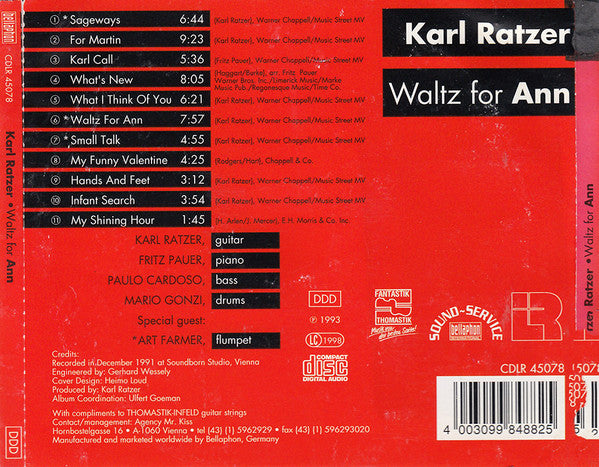 Karl Ratzer Featuring Art Farmer With Fritz Pauer, Paulo Cardoso, Mario Gonzi : Waltz For Ann (CD, Album)