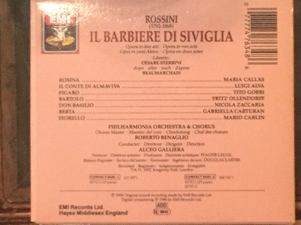 Gioacchino Rossini, Maria Callas, Luigi Alva, Tito Gobbi, Philharmonia Chorus & Philharmonia Orchestra, Alceo Galliera : Il Barbiere Di Siviglia (2xCD, Album, RE, RM + Box, Sli)