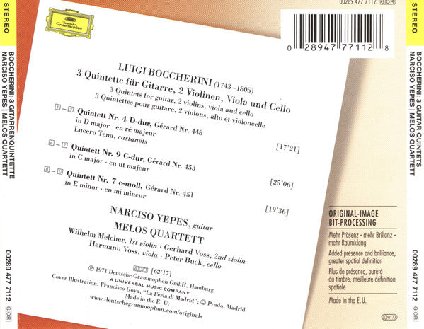 Luigi Boccherini - Narciso Yepes ∙ Melos Quartett : Guitar Quintets Nos. 4, 7, 9 «La Ritirata Di Madrid» (CD, Album, RE, RM)