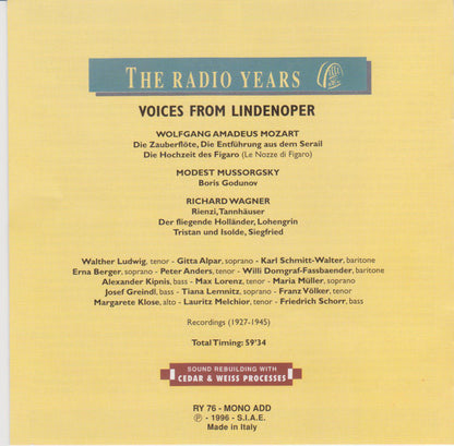 Various, Wolfgang Amadeus Mozart, Modest Mussorgsky, Richard Wagner : Voices From Lindenoper On Radio (1927 - 1945) (CD, Comp, Mono)