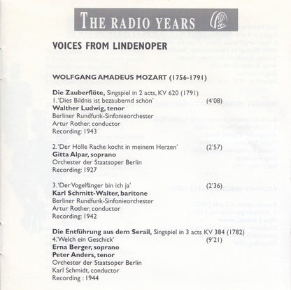 Various, Wolfgang Amadeus Mozart, Modest Mussorgsky, Richard Wagner : Voices From Lindenoper On Radio (1927 - 1945) (CD, Comp, Mono)