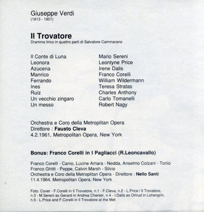 Giuseppe Verdi - Leontyne Price, Franco Corelli, Irene Dalis, Mario Sereni, Fausto Cleva : Il Trovatore (2xCD, RE, RM)