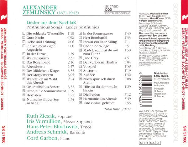 Alexander Zemlinsky*, Ruth Ziesak, Hans-Peter Blochwitz*, Iris Vermillion, Andreas Schmidt (2), Cord Garben : Lieder Aus Dem Nachlass = Posthumous Songs (CD, Album)