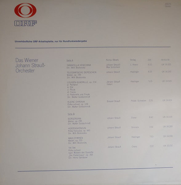 Wiener Johann Strauss Orchestra : ORF Arbeitsplatte JSO/6 (LP, Transcription)