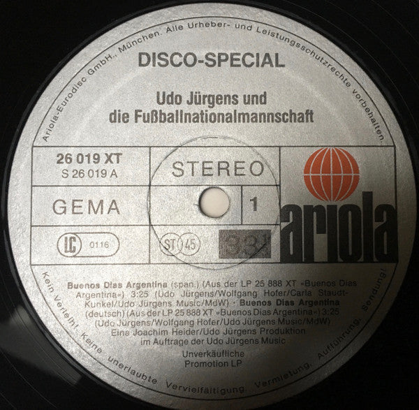 Udo Jürgens Und Die Fußballnationalmannschaft* : Buenos Dias Argentina / Wayward Girl / Mr. Loneliness (12", Promo)