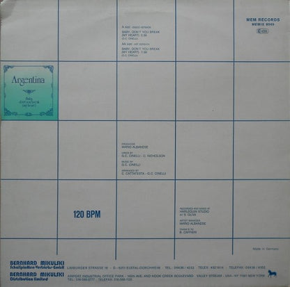 Argentina : Baby, Don't You Break (My Heart) (12")