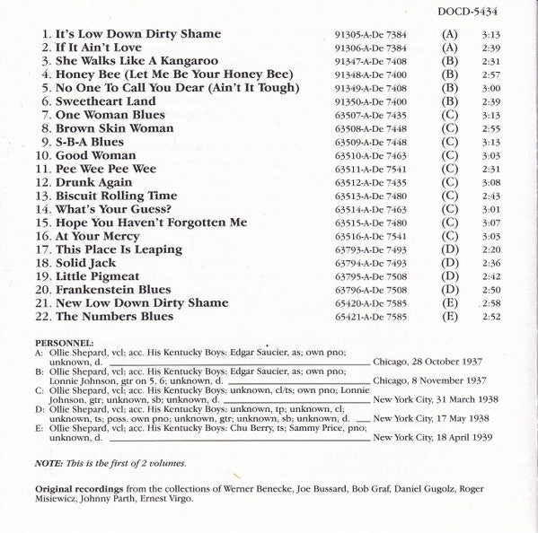 Ollie Shepard : Complete Recorded Works In Chronological Order Volume 1 (28 October 1937 To 18 April 1939) (CD, Comp)