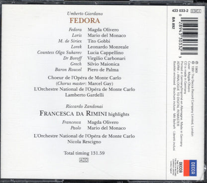 Giordano*, Riccardo Zandonai / Olivero*, Del Monaco*, Gobbi*, Orchestre National De L'Opéra De Monte-Carlo, Lamberto Gardelli, Nicola Rescigno : Fedora - Francesca Da Rimini (Highlights) (2xCD)